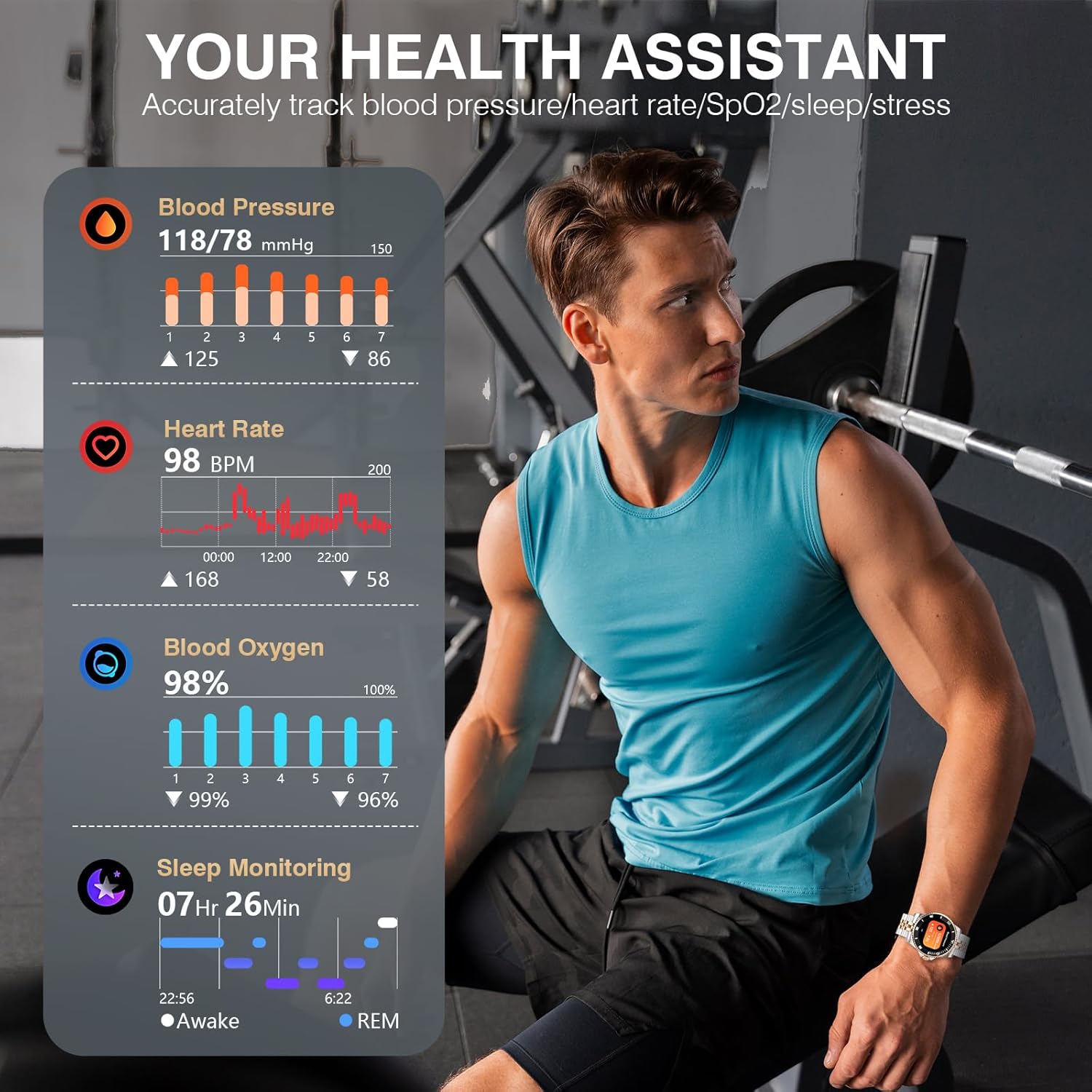 GPT AI Smart Watch with Bluetooth Calls, 1.19-inch AMOLED 44mm, 24/7 Heart Rate, SpO2, Blood Pressure, Sleep Monitor, 107 Sports Fitness Tracker, Smartwatch Compatible Android and iOS Silver Gold
