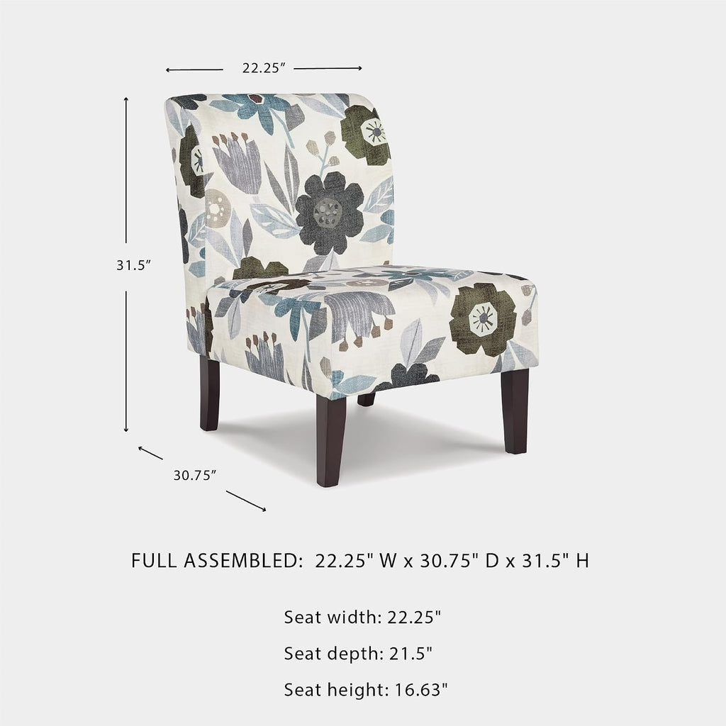 Signature Design by Ashley Triptis Floral Armless Accent Chair with Attached Cushions, Fabric Upholstery, Wood Legs, 16.63" Seat Height, White, Blue & Gray
