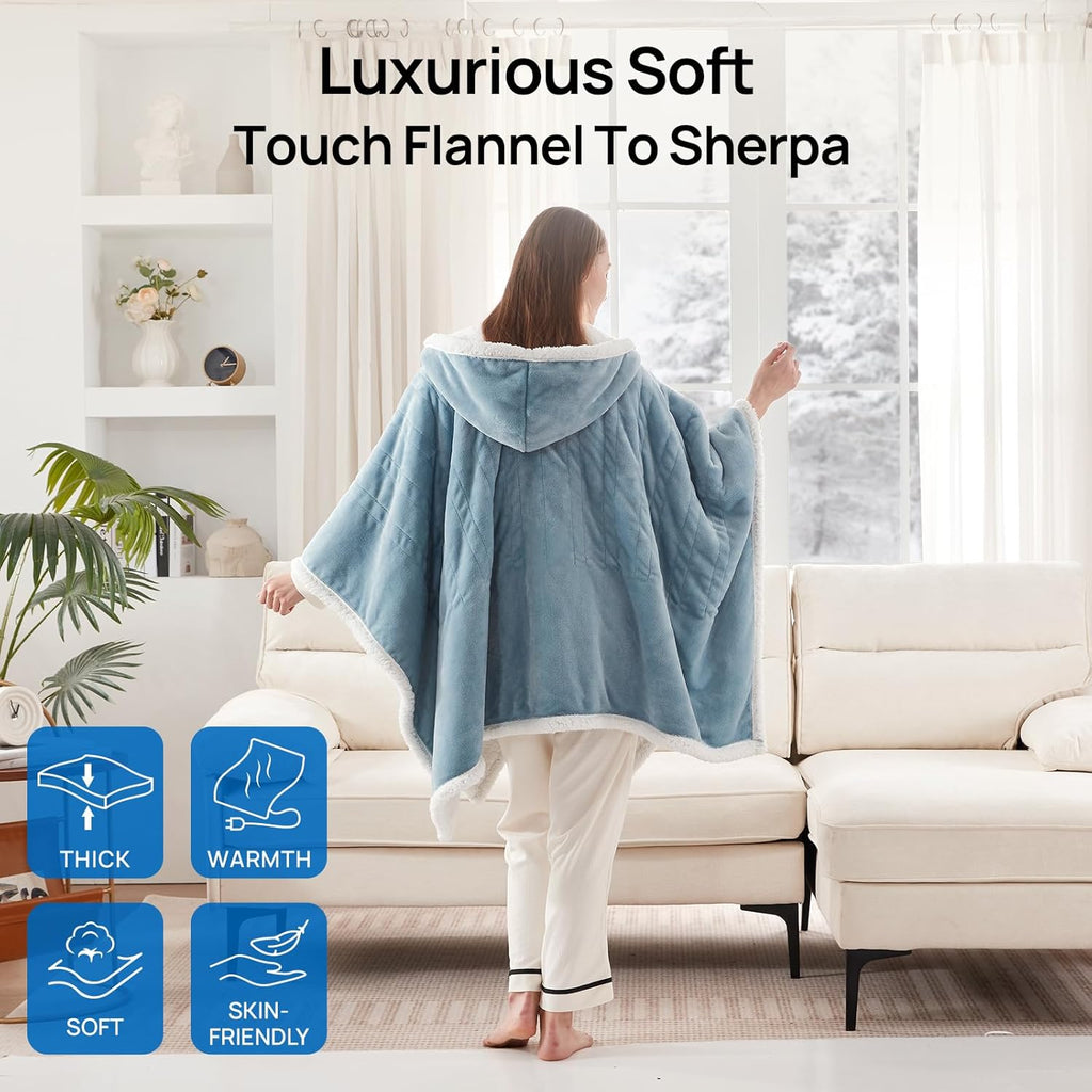 Westinghouse Wearable Heated Throw Blanket, Electric Heated Wrap Poncho Shawl with Pockets, 6 Heating Levels & 2-10 Auto Shut-Off, 50 x 60 Inch, Gift for Family, Friends, Machine Washable, Light Blue