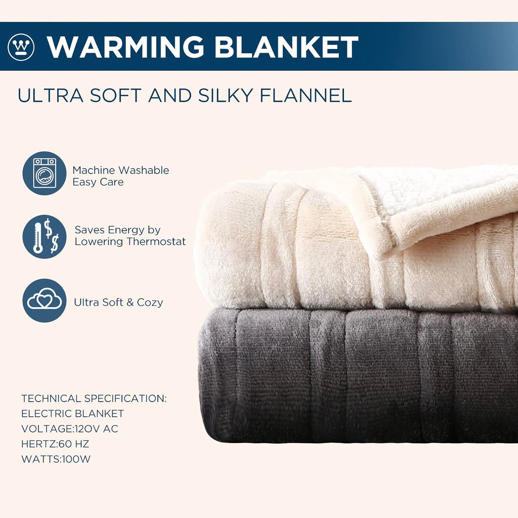 Westinghouse Electric Blanket Queen, Heated Blanket Queen Size with 10 Heating Levels and 1 to 12 Hours Heating Time Settings, Flannel to Sherpa Reversible, Machine Washable (84" x 90", Red)