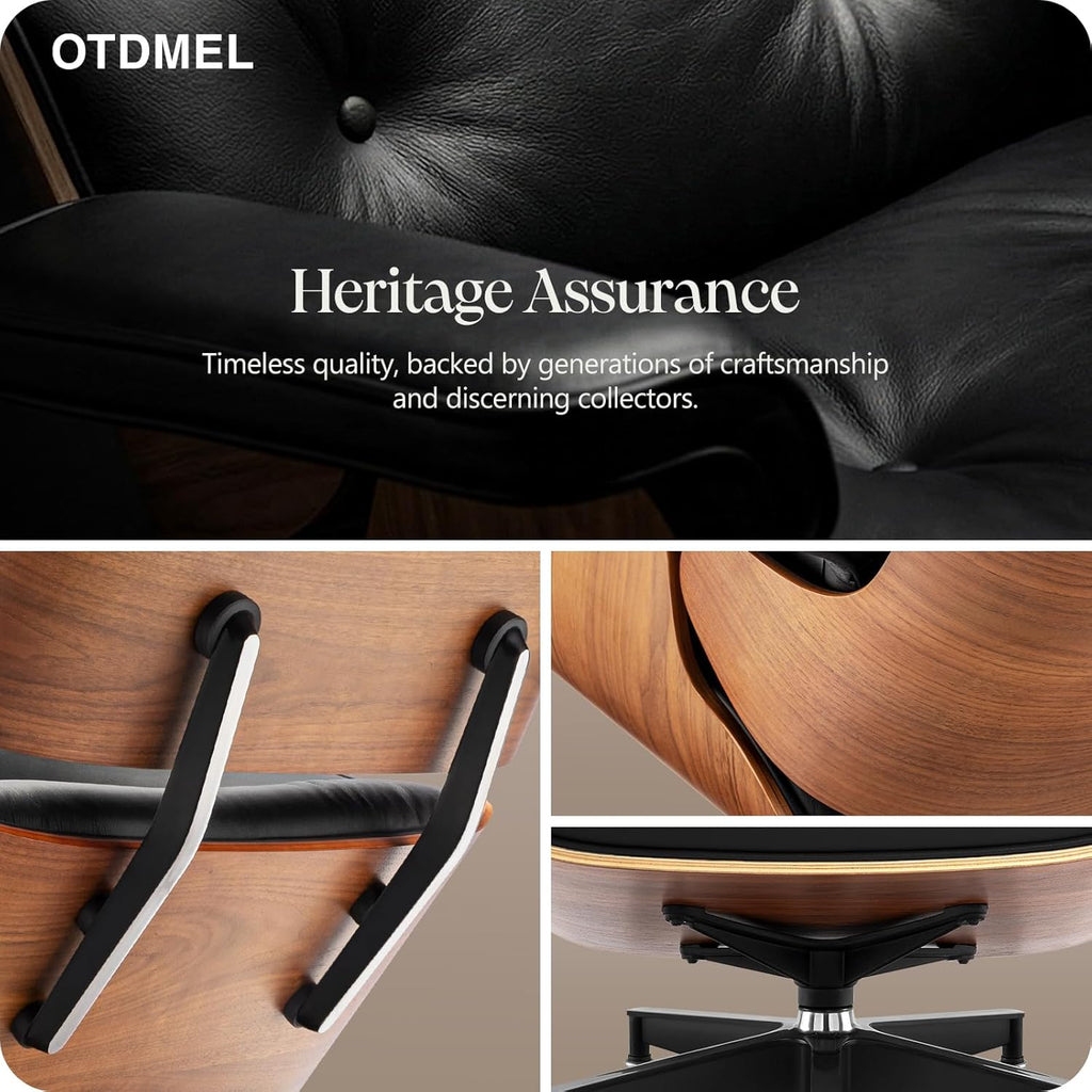 Luxury Top Black Grain Leather Mid Century Chaise Lounge Chair with Ottoman, Premium Handcrafted Walnut Wood, Ergonomic Modern Accent Chair for Living Room Office