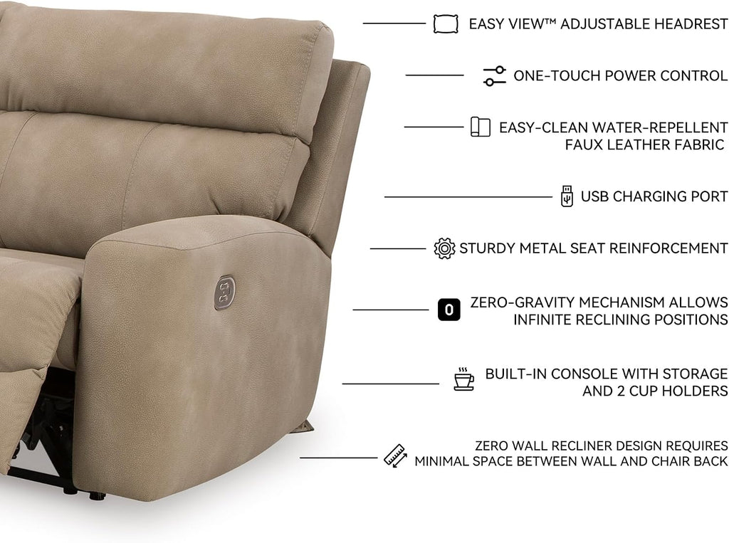 Signature Design by Ashley Next-Gen DuraPella 6-Piece Power Reclining Sectional, Zero Gravity Comfort and Adjustable Headrests, L-Shaped Faux Leather Modular Design for Living Rooms, Sand, 132" W