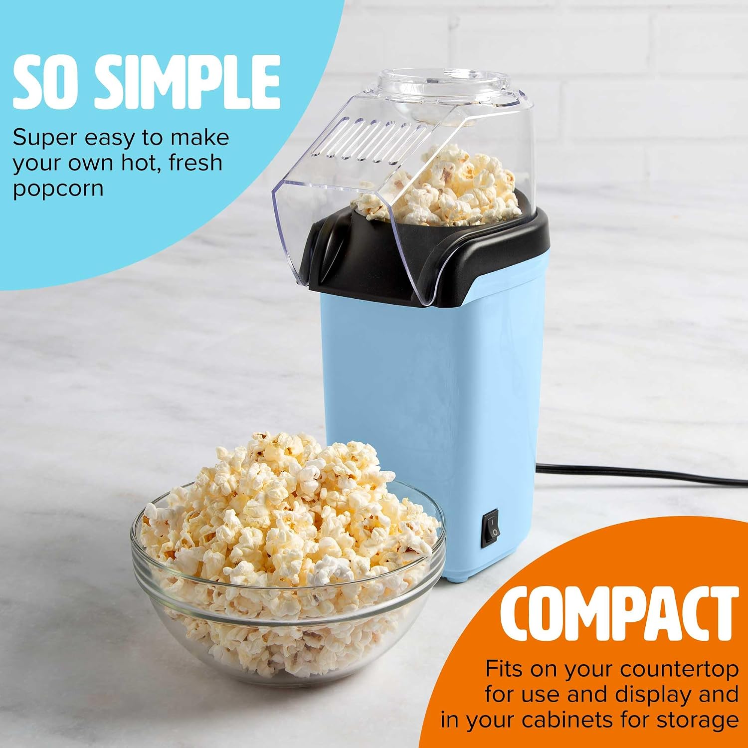 Tasty Hot Air Popcorn Popper, Healthy and Delicious Popcorn in Minutes, Fast and Easy-to-Use, Built-In Measuring Cup and Butter Warmer, 8 Cups, Blue
