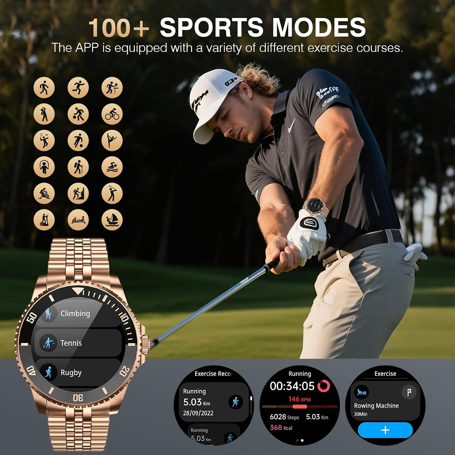 SOUYIE AI Smart Watch for Men, 1.19" AMOLED 44mm, 24/7 Heart Rate Blood Pressure Blood Oxygen Sleep Monitor, 107 Sports Tracker, IP67 Waterproof, Bluetooth Call Voice Assistant, for Android iOS Gold