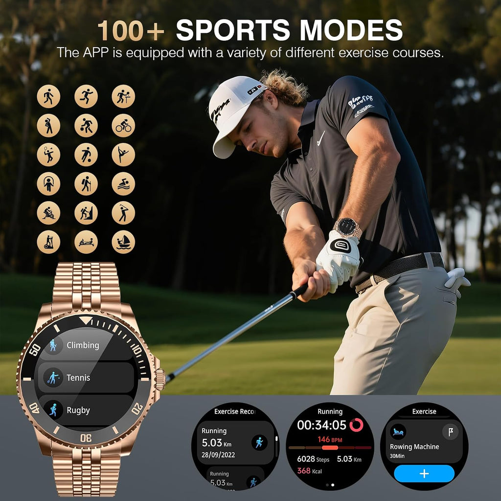 SOUYIE AI Smart Watch for Men, 1.19" AMOLED 44mm, 24/7 Heart Rate Blood Pressure Blood Oxygen Sleep Monitor, 107 Sports Tracker, IP67 Waterproof, Bluetooth Call Voice Assistant, for Android iOS Gold