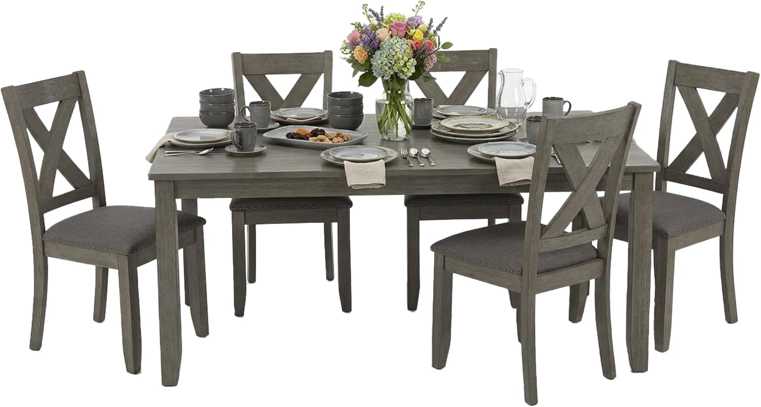 Signature Design by Ashley Caitbrook Rustic 7-Piece Dining Set – Rectangular Table with 6 X-Back Upholstered Chairs, Gray