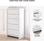 Signature Design by Ashley Mollviney White Coastal Dresser, Tall 5 Drawer Chest, Scalloped Girls Dresser, Engineered Wood and Laminate Bedroom Storage, Matte White, 32" W x 55" H
