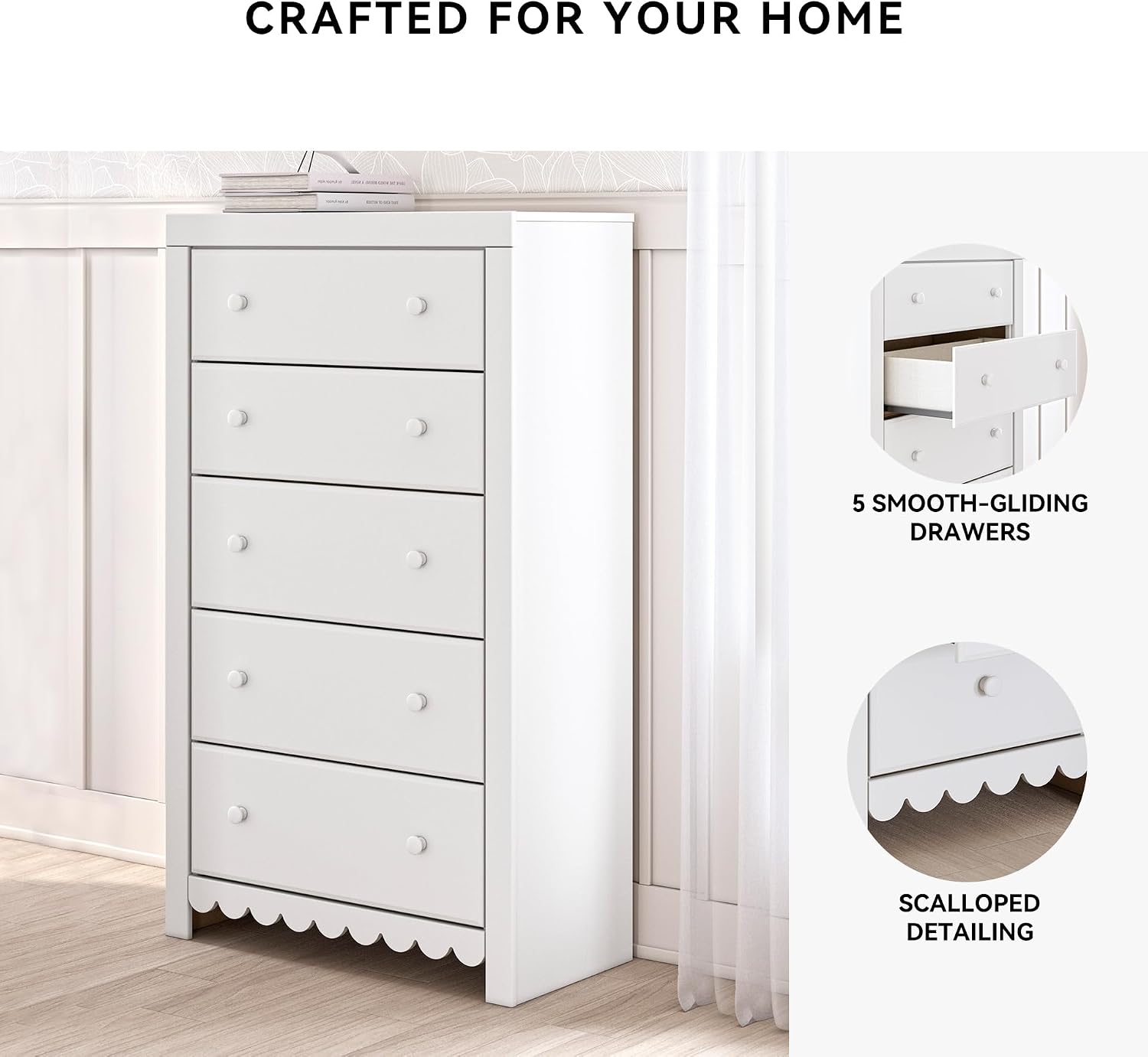 Signature Design by Ashley Mollviney White Coastal Dresser, Tall 5 Drawer Chest, Scalloped Girls Dresser, Engineered Wood and Laminate Bedroom Storage, Matte White, 32" W x 55" H