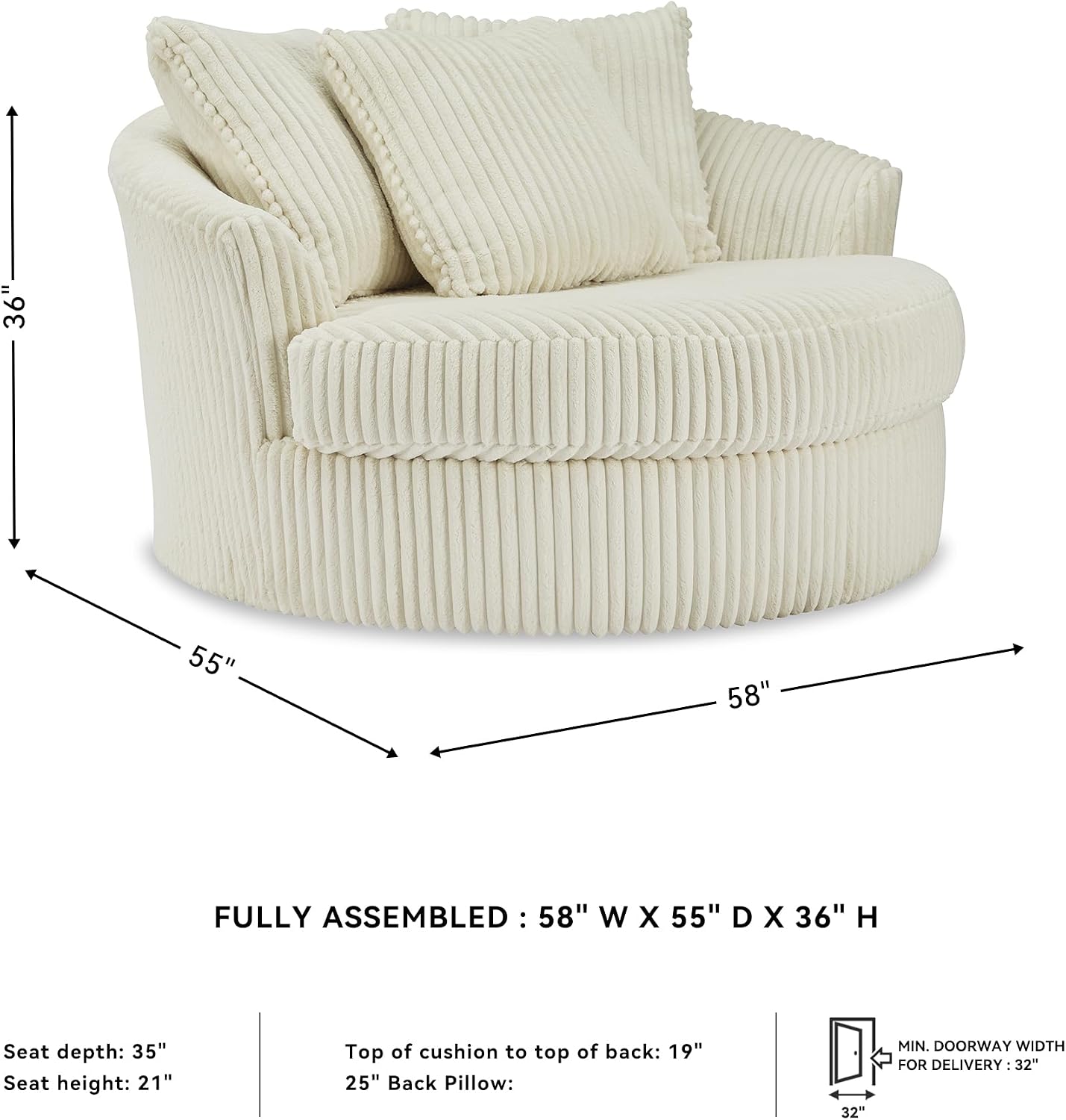 Signature Design by Ashley Lindyn Transitional Oval Tufted Upholstered Oversized Swivel Accent Chair, White