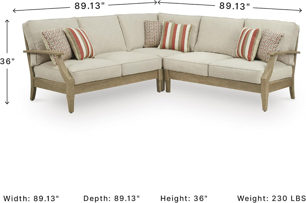 Signature Design by Ashley Clare View Outdoor Sectional, 3-Piece Eucalyptus Wood Couch, Nuvella Performance Fabric Cushions, Contemporary Patio Furniture Set for Deck or Backyard, Beige