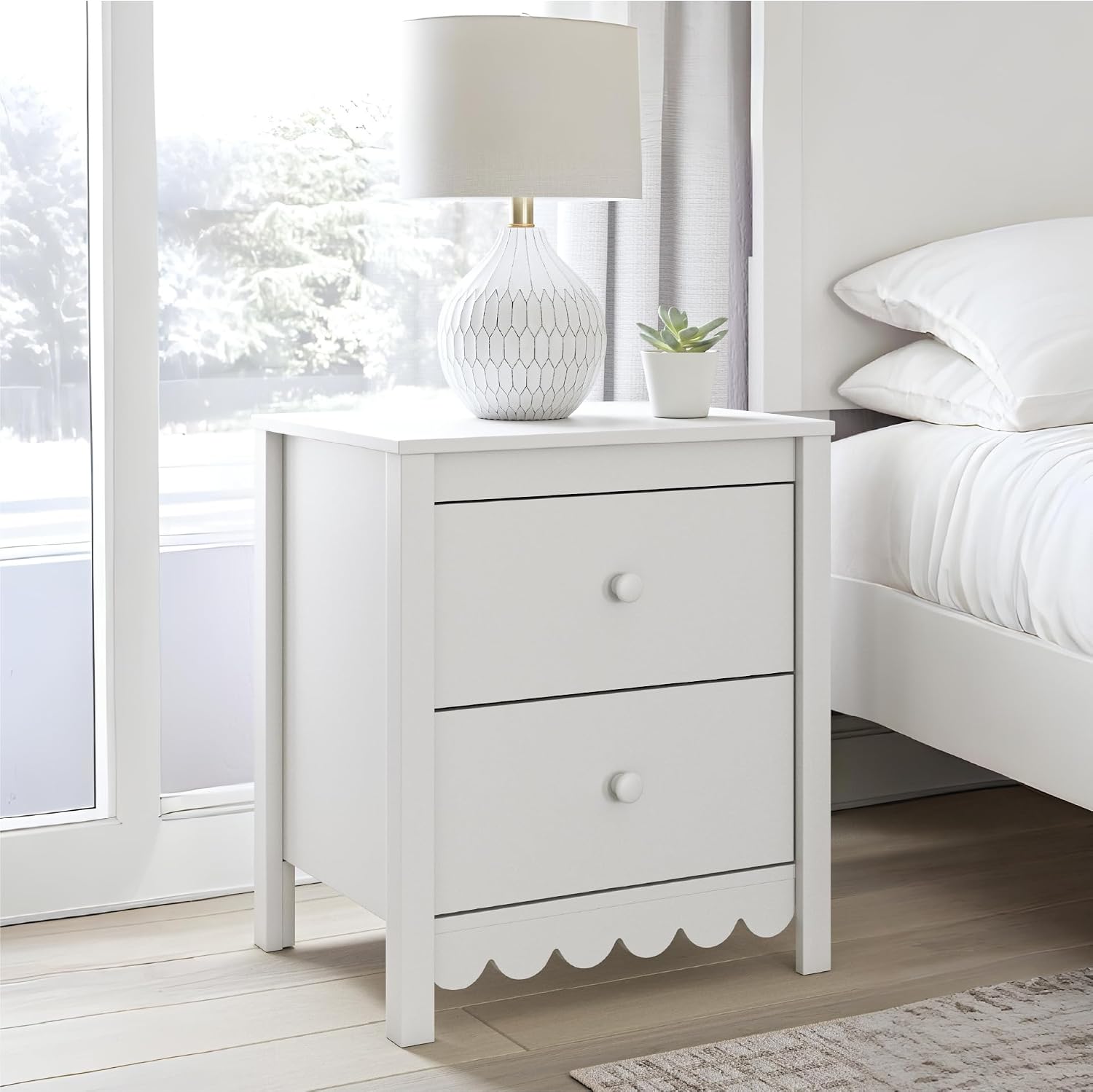 Signature Design by Ashley White Nightstand with 2 Drawers, Hallityn Scalloped Design, Engineered Wood Construction, Storage for Cottage Bedrooms, White, 22" W
