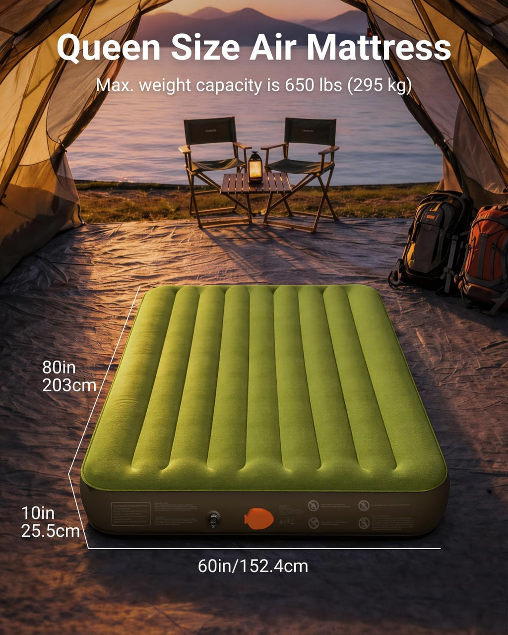 iDOO Portable Camping Essentials Mattress, 10" Queen Air Mattress with Cordless Rechargeable Pump, 2-in-1 Fast Inflation, Built-in LED Light, USB Charging, Retractable Camping Cot Sleeping Pad