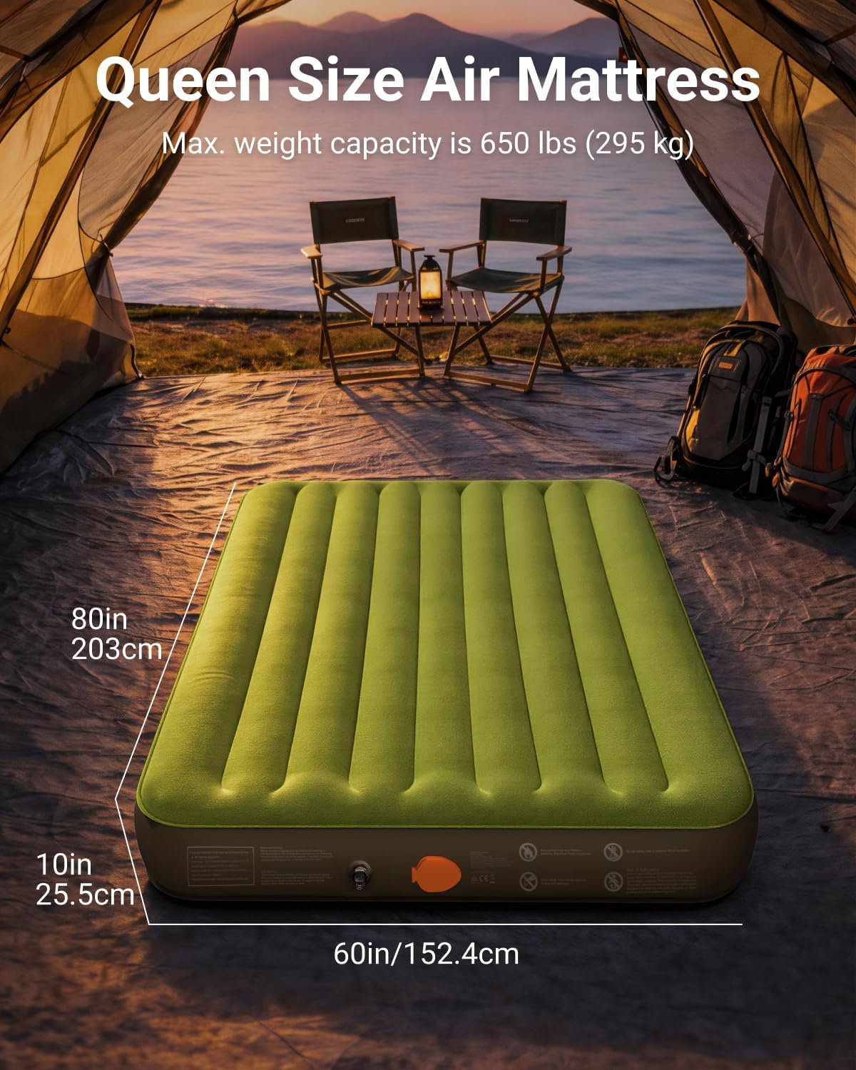 iDOO Portable Camping Essentials Mattress, 10" Queen Air Mattress with Cordless Rechargeable Pump, 2-in-1 Fast Inflation, Built-in LED Light, USB Charging, Retractable Camping Cot Sleeping Pad