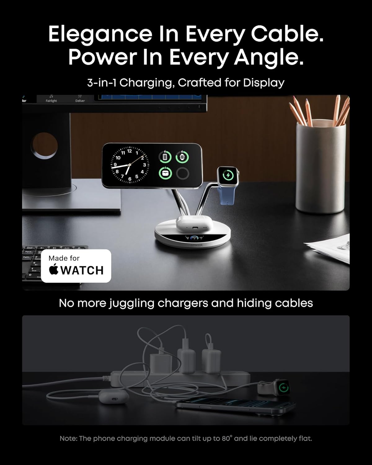 Anker Prime 3-in-1 Qi2.2 MagSafe Compatible 25W Wireless Charging Station | Smart Display, TEC Active Cooling, Apple Watch Charger, for iPhone 17, Apple Watch, AirPods Pro, and More (Adapter Included)