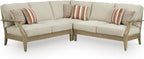 Signature Design by Ashley Clare View Outdoor Sectional, 3-Piece Eucalyptus Wood Couch, Nuvella Performance Fabric Cushions, Contemporary Patio Furniture Set for Deck or Backyard, Beige