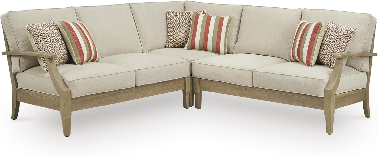 Signature Design by Ashley Clare View Outdoor Sectional, 3-Piece Eucalyptus Wood Couch, Nuvella Performance Fabric Cushions, Contemporary Patio Furniture Set for Deck or Backyard, Beige