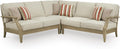 Signature Design by Ashley Clare View Outdoor Sectional, 3-Piece Eucalyptus Wood Couch, Nuvella Performance Fabric Cushions, Contemporary Patio Furniture Set for Deck or Backyard, Beige