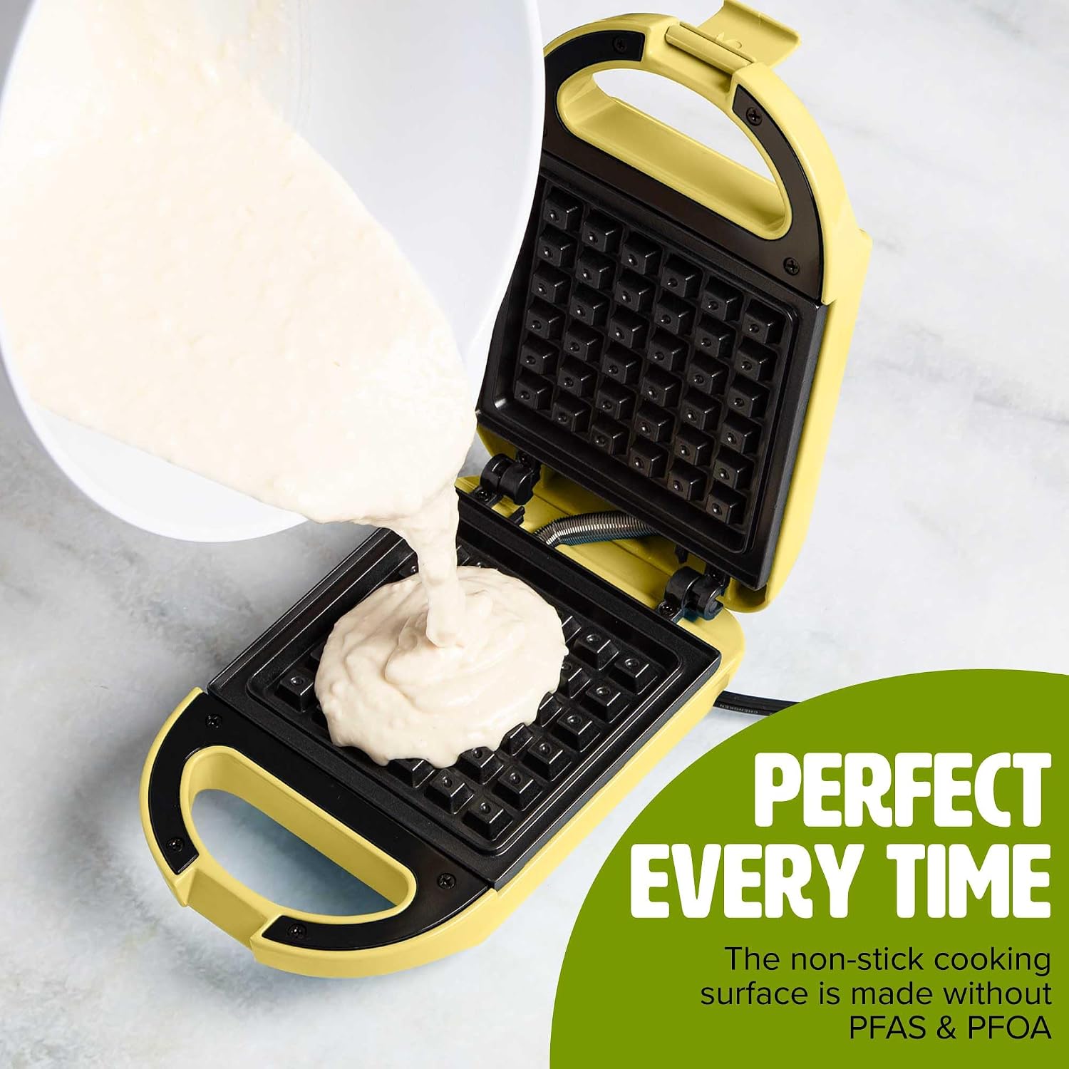 Tasty Mini Nonstick Waffle Maker, Perfect for Individual Waffles, Hash Browns, Brownies and more, Quick Results, Easy Clean Up, 600W, Yellow