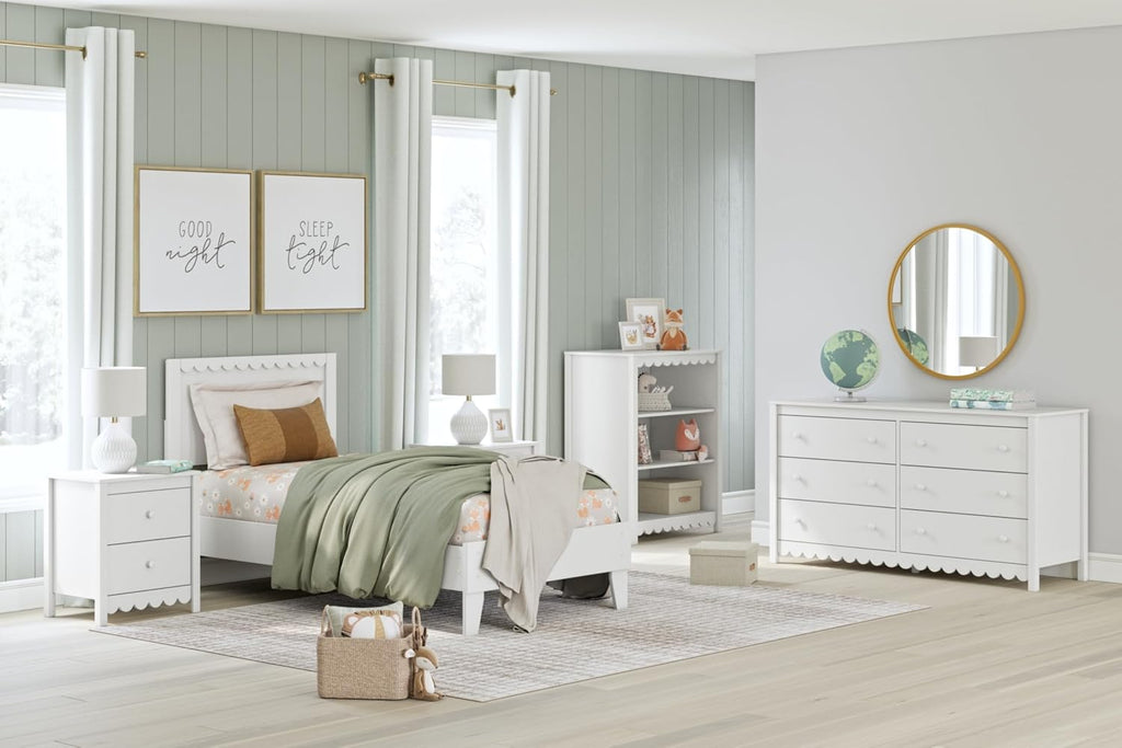 Signature Design by Ashley Hallityn Twin Panel Platform Bed, Casual Scalloped Bed Frame, Engineered Wood, for Kids and Youth Bedrooms, Matte White