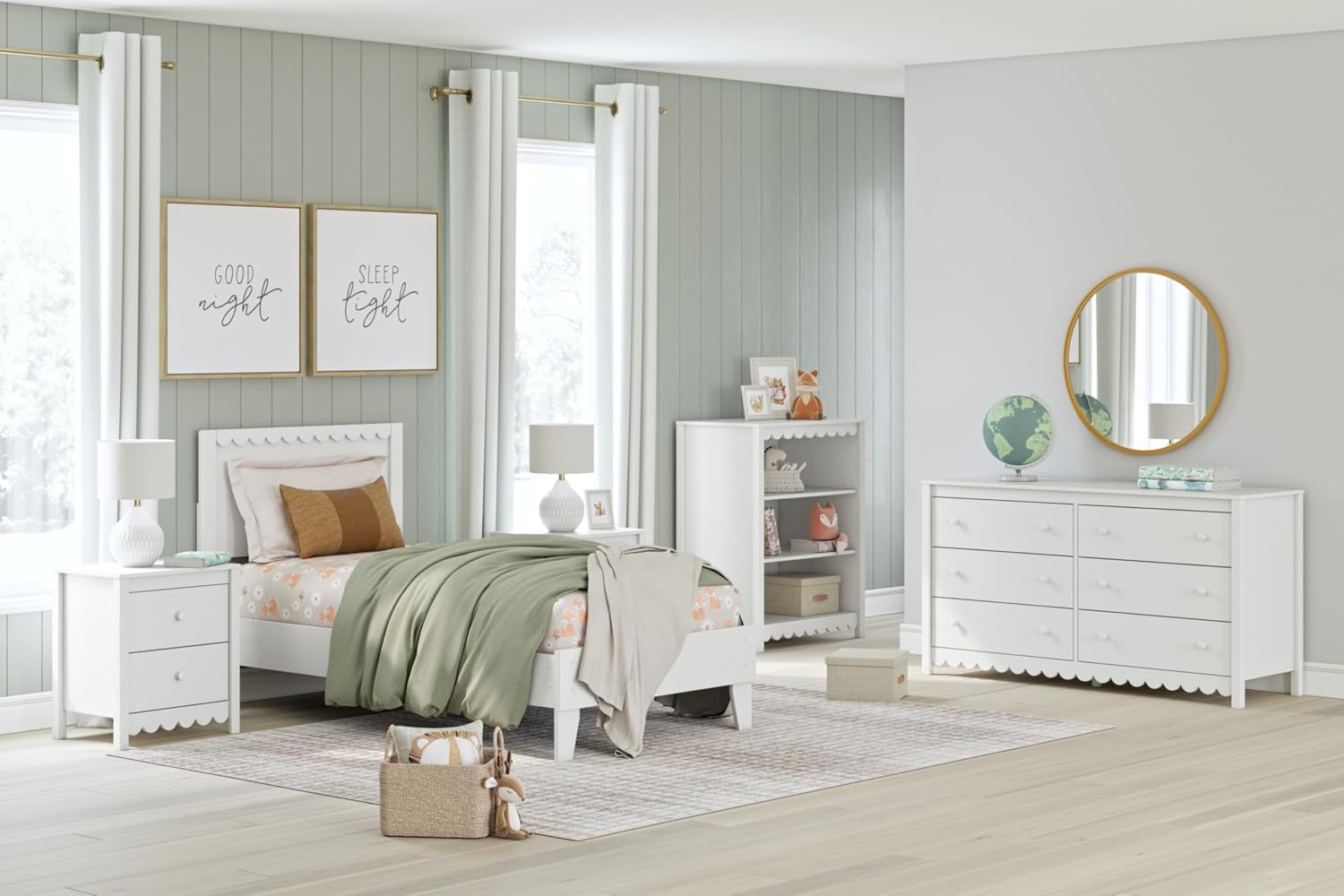 Signature Design by Ashley Hallityn Twin Panel Platform Bed, Casual Scalloped Bed Frame, Engineered Wood, for Kids and Youth Bedrooms, Matte White