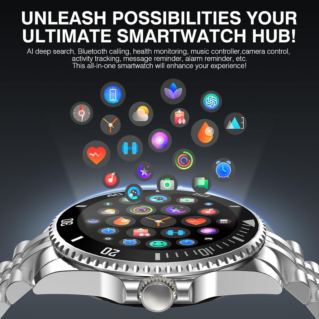 SOUYIE GPT AI Luxury Smart Watch, 24/7 Heart Rate, Blood Oxygen, Blood Pressure, Sleep Monitor, Waterproof Smartwatch, 1.19-inch AMOLED 44mm, 107 Sports Modes, Compatible Android and iOS Silver Black