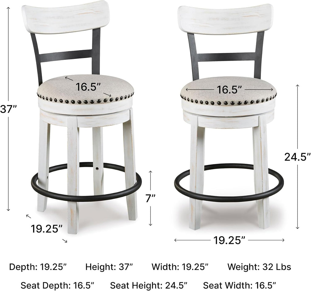 Signature Design by Ashley Valebeck Barstool, Rustic-Industrial Counter Height Chair, 360° Swivel, Wood & Metal Frame, Cushioned Seat, Ideal for Kitchen Island with Seating, Vintage White
