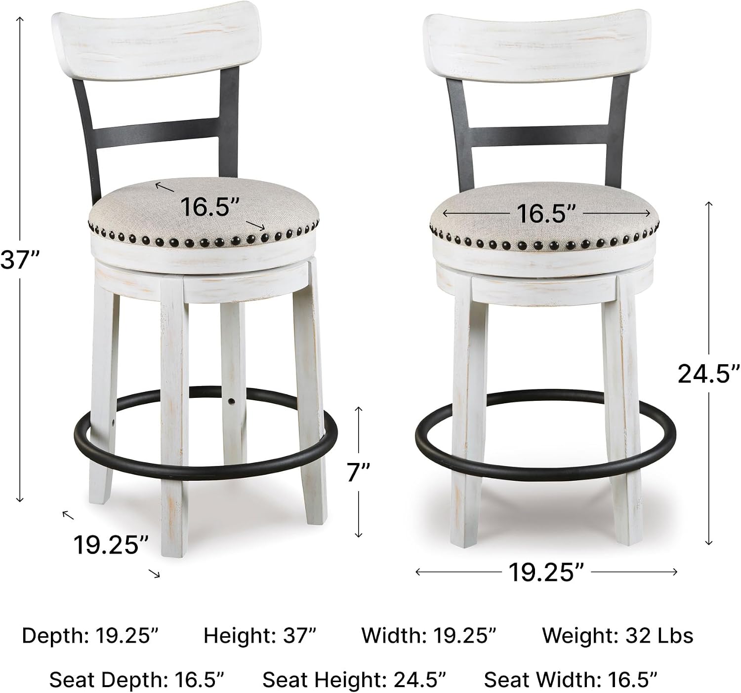 Signature Design by Ashley Valebeck Barstool, Rustic-Industrial Counter Height Chair, 360° Swivel, Wood & Metal Frame, Cushioned Seat, Ideal for Kitchen Island with Seating, Vintage White