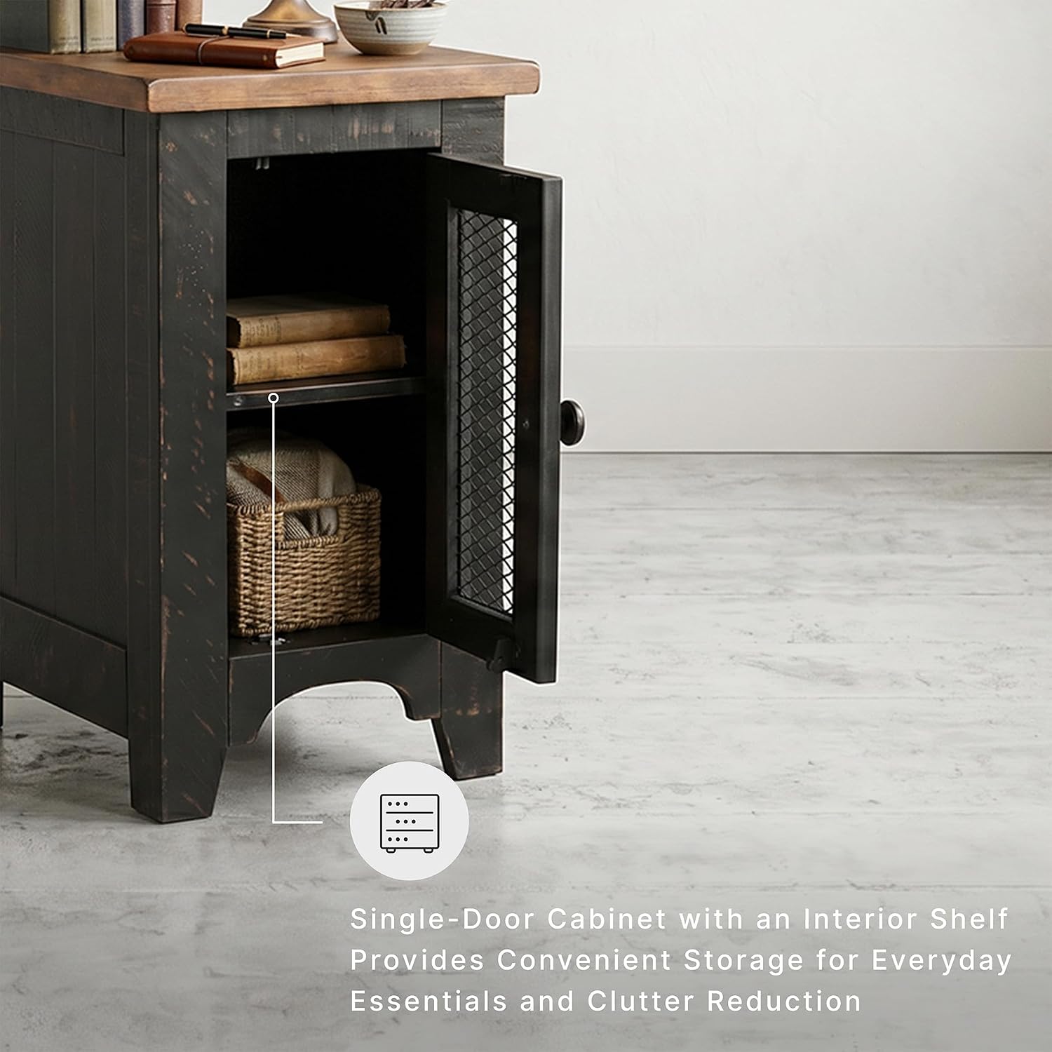Signature Design by Ashley Valebeck Chairside End Table, Small Side Table with Storage Cabinet for Living Room Decor, Pine Veneers, Pine Wood, and Engineered Wood, Distressed Black/Brown