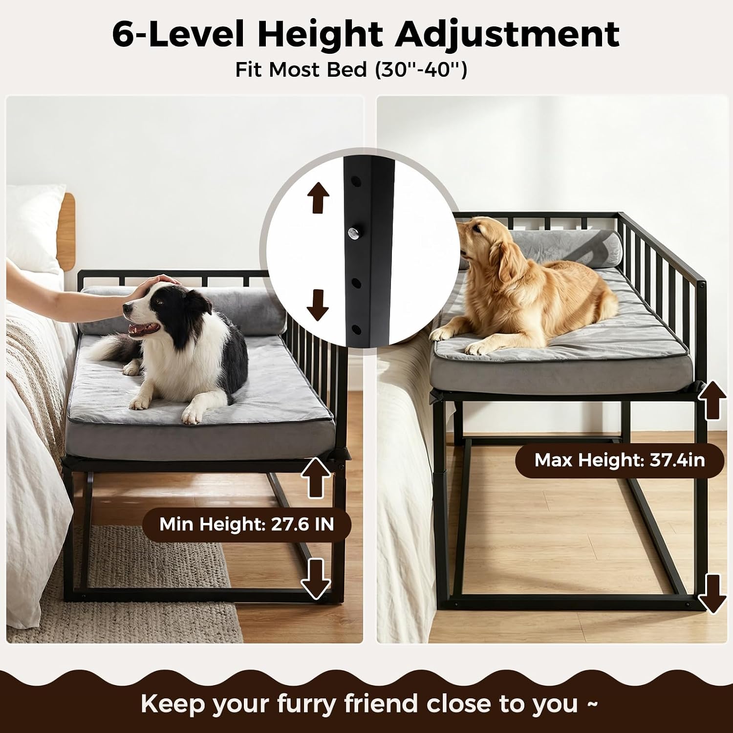 Bedside Dog Bed, Height Adjustable Elevated Co-Sleeper for Medium Large Dogs, Fits Low to High Beds (28-37in), Heavy-Duty Metal Bunk Bed Frame with Safety Side Rails & Washable Cushion