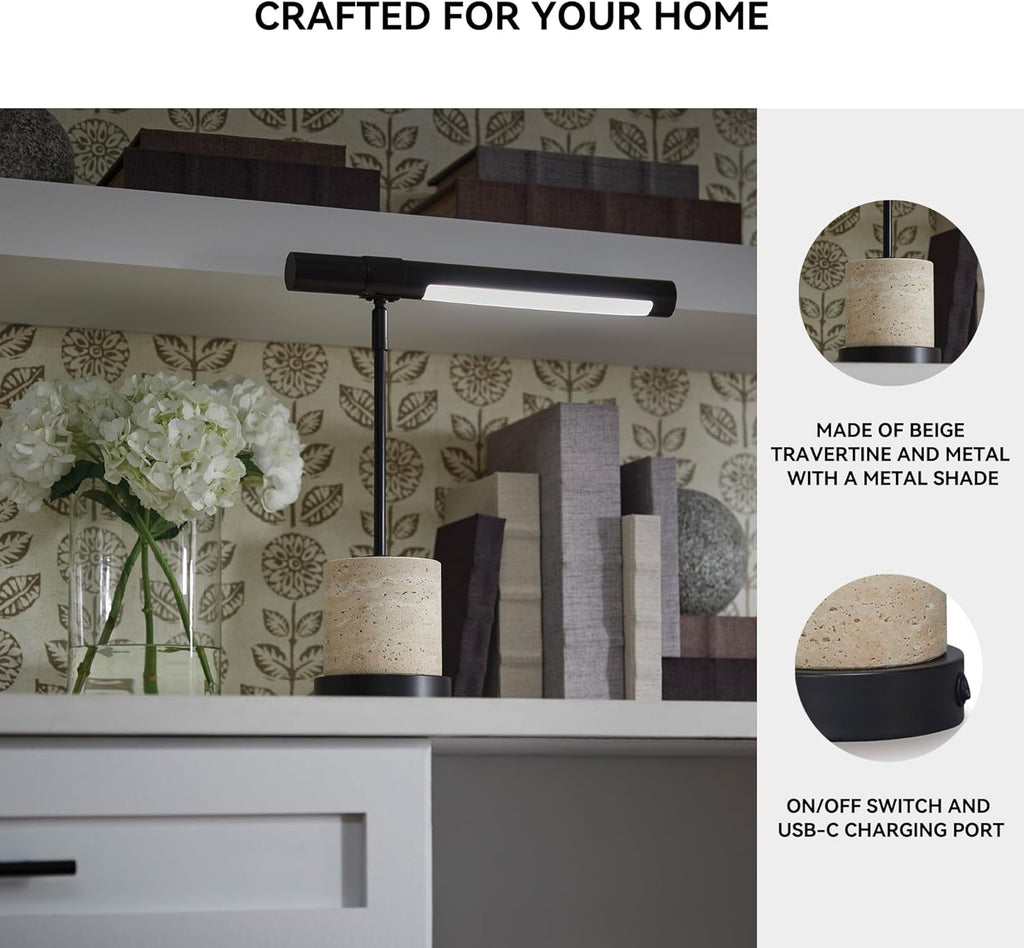 Signature Design by Ashley Vinmour Desk Lamp with USB-C Port, Adjustable Height Metal Task Light, Beige Travertine Stone Base, Contemporary Lighting for Home Office Workspaces, Brown/Beige