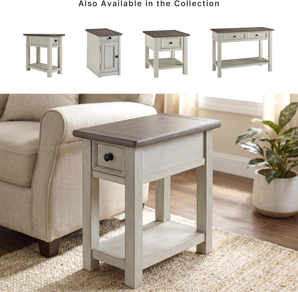 Signature Design by Ashley Bolanburg Chairside End Table With Charging Station, Two-Tone Wood Accent Table With Drawer Storage, Plank Top Design for Living Room or Bedroom, Antique White