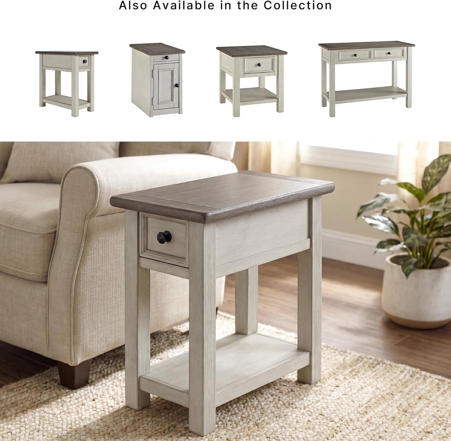 Signature Design by Ashley Bolanburg Chairside End Table With Charging Station, Two-Tone Wood Accent Table With Drawer Storage, Plank Top Design for Living Room or Bedroom, Antique White