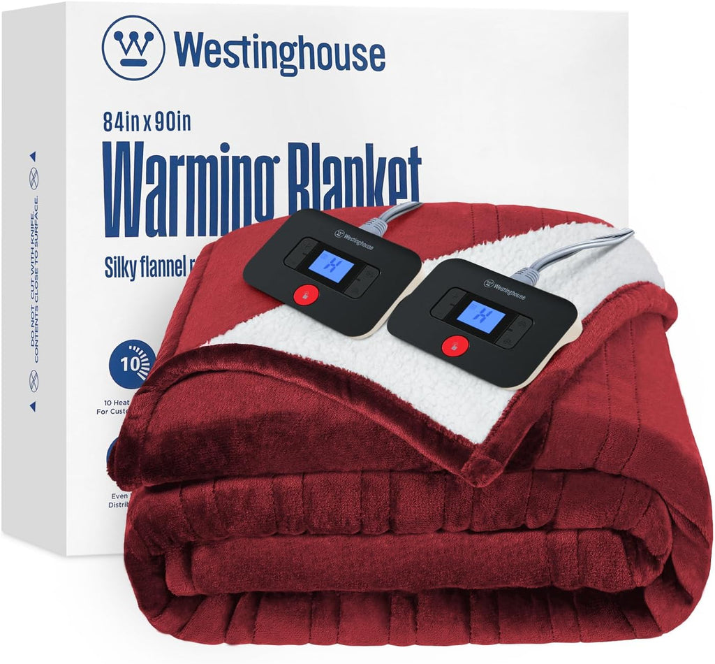 Westinghouse Electric Blanket Queen, Heated Blanket Queen Size with 10 Heating Levels and 1 to 12 Hours Heating Time Settings, Flannel to Sherpa Reversible, Machine Washable (84" x 90", Red)