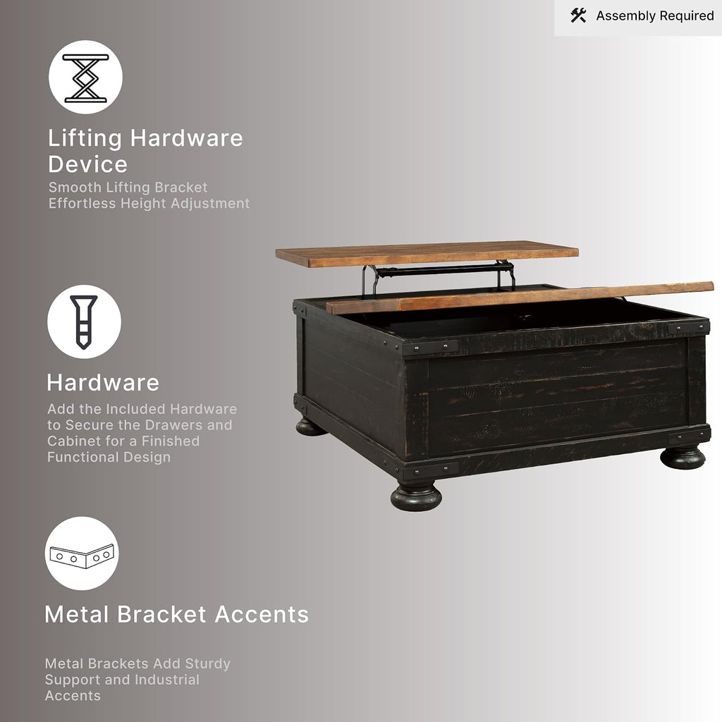 Signature Design by Ashley Valebeck Lift Top Coffee Table, Storage, Split-top Design, Wood, 36" W x 36" D x 18" H, 2-tone Distressed Brown & Black Finish