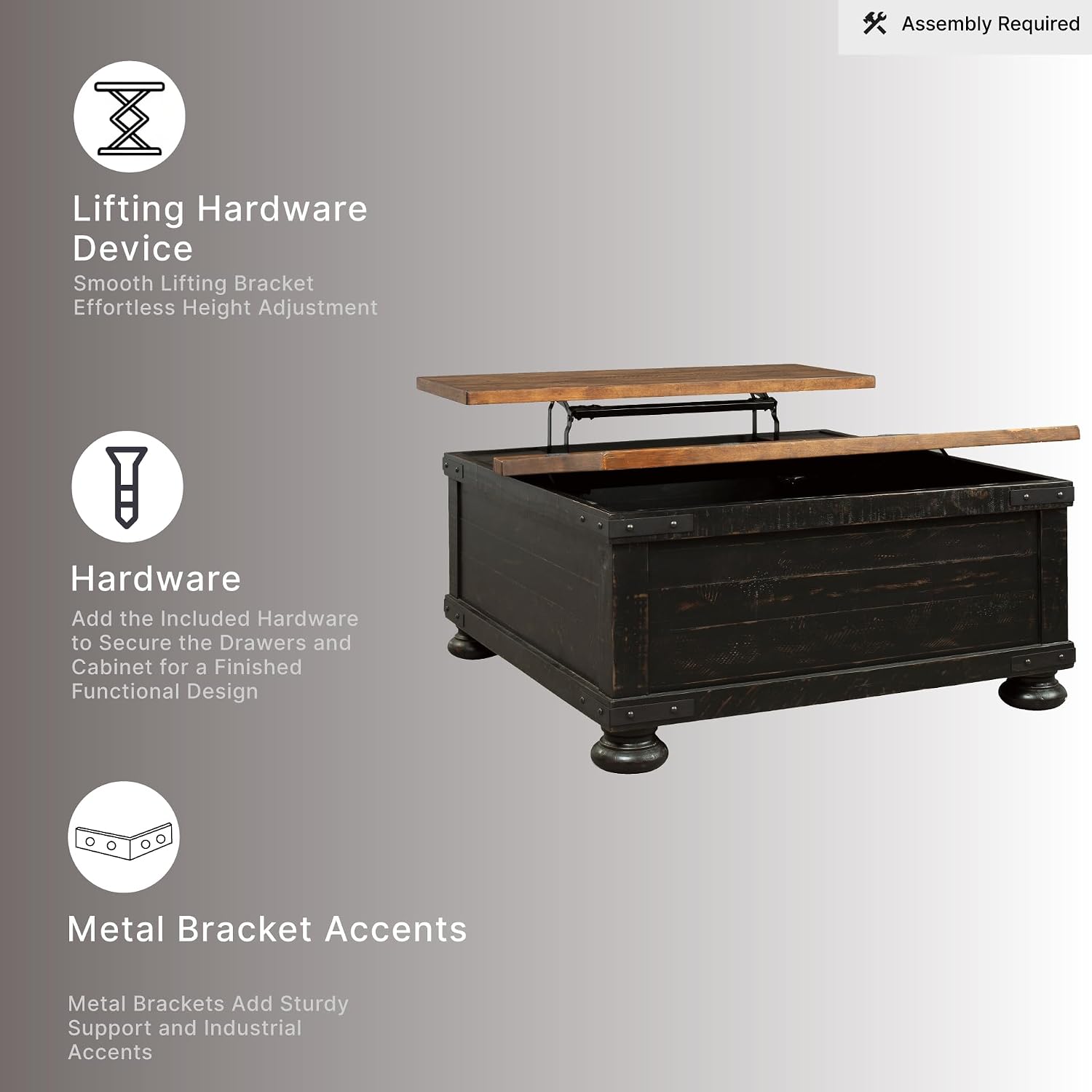 Signature Design by Ashley Valebeck Lift Top Coffee Table, Storage, Split-top Design, Wood, 36" W x 36" D x 18" H, 2-tone Distressed Brown & Black Finish