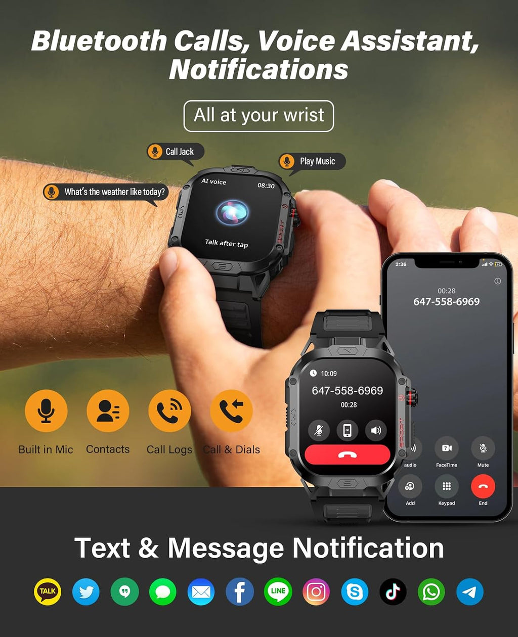 SOUYIE Military Smart Watch for Men Answer/Make Call, 2.02" Outdoor Sport Smartwatch with Flashlight, Heart Rate Blood oxygen Blood Pressure Sleep, 100+ Sport Modes Fitness Tracker for Android and iOS