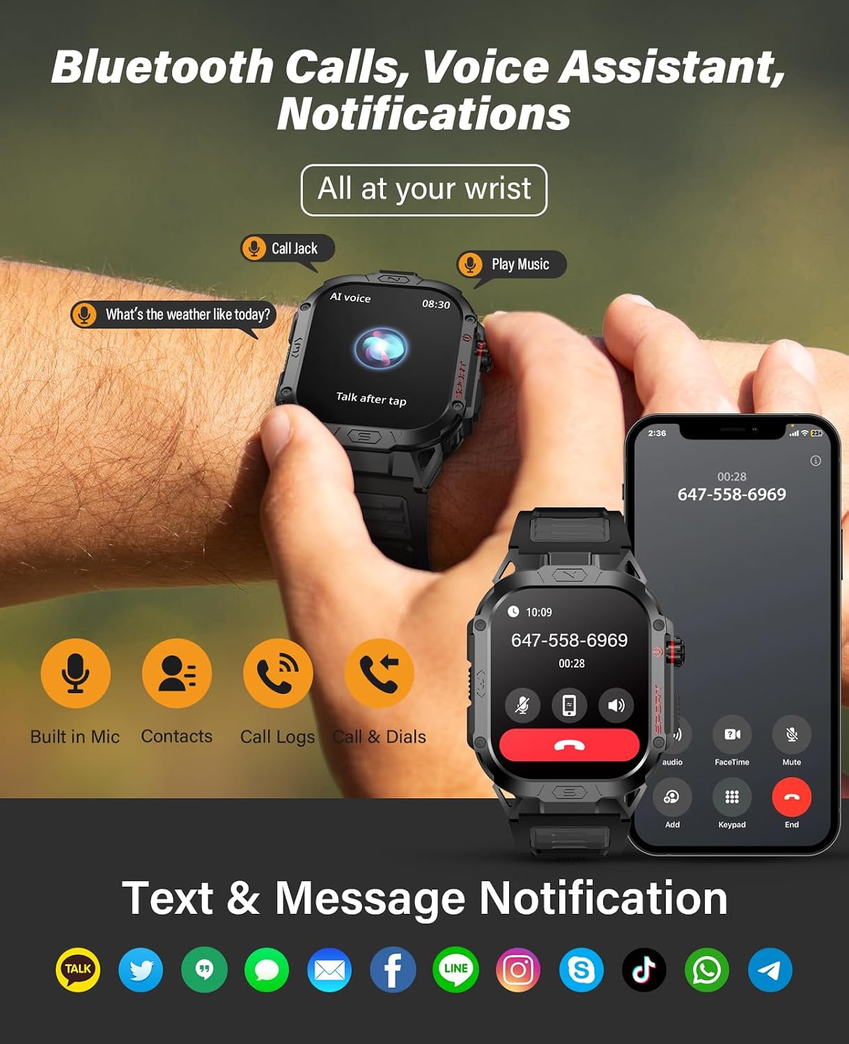 SOUYIE Military Smart Watch for Men Answer/Make Call, 2.02" Outdoor Sport Smartwatch with Flashlight, Heart Rate Blood oxygen Blood Pressure Sleep, 100+ Sport Modes Fitness Tracker for Android and iOS
