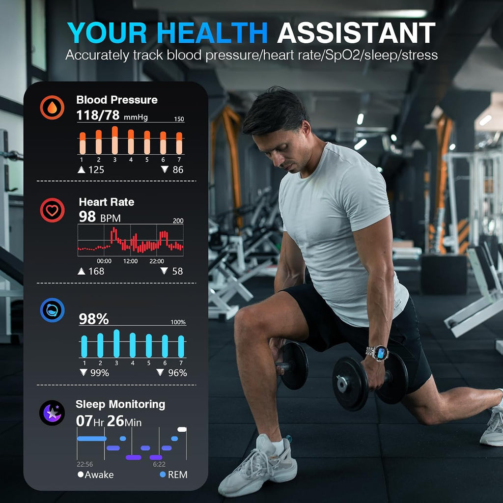 SOUYIE GPT AI Luxury Smart Watch, 24/7 Heart Rate, Blood Oxygen, Blood Pressure, Sleep Monitor, Waterproof Smartwatch, 1.19-inch AMOLED 44mm, 107 Sports Modes, Compatible Android and iOS Silver Black