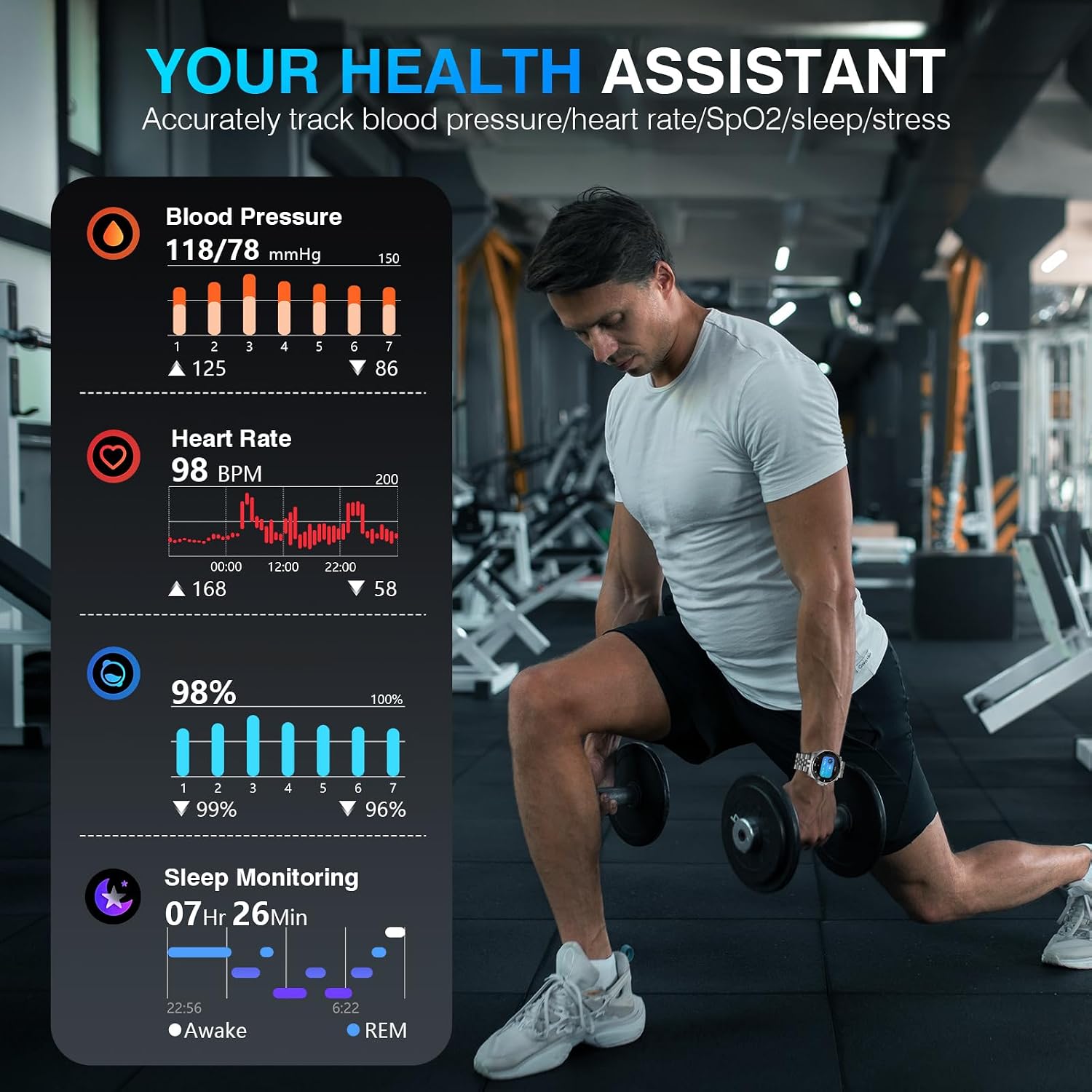 SOUYIE GPT AI Luxury Smart Watch, 24/7 Heart Rate, Blood Oxygen, Blood Pressure, Sleep Monitor, Waterproof Smartwatch, 1.19-inch AMOLED 44mm, 107 Sports Modes, Compatible Android and iOS Silver Black