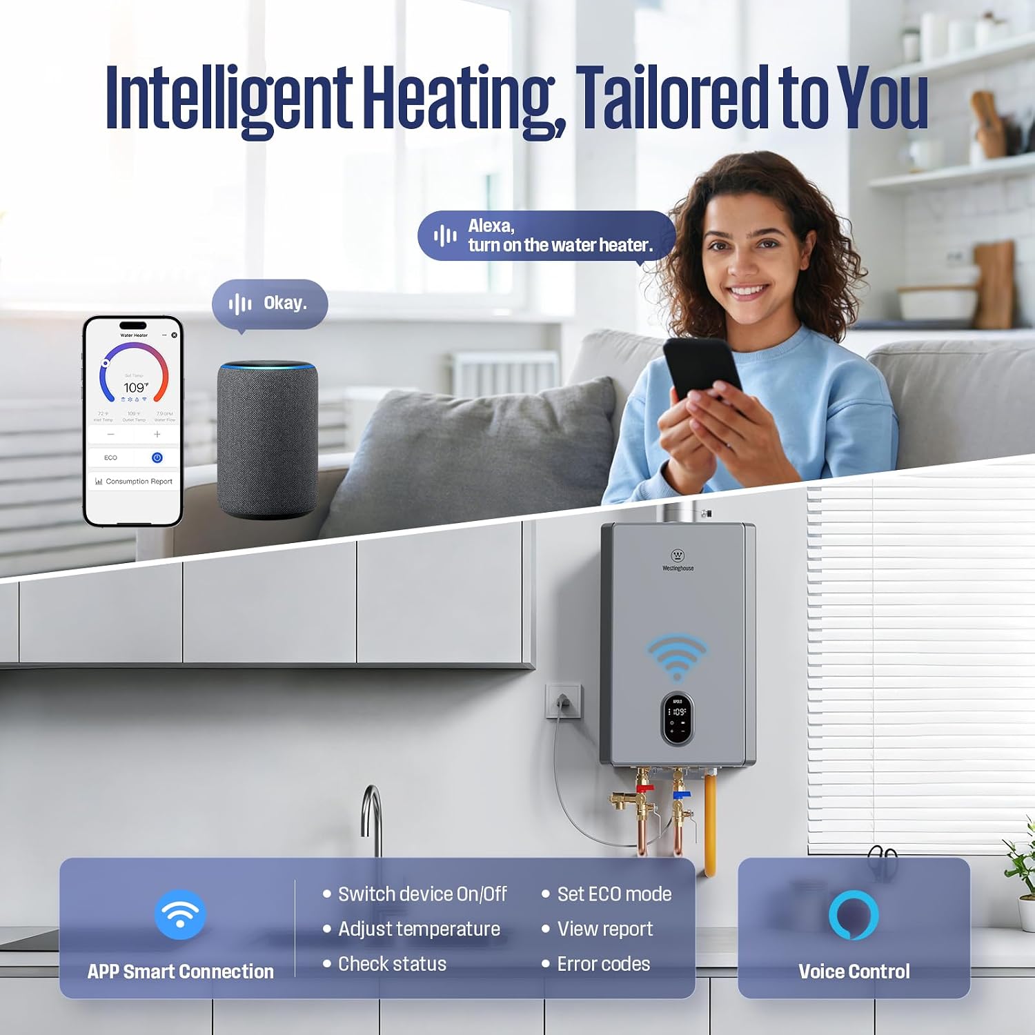 Westinghouse Smart Tankless Water Heater Gas Indoor, 10.3 GPM 199,000 BTU Natural Gas Whole House Instant Hot Water Heater, WiFi App & Voice Control, High Efficiency, Non-Condensing for 7 Fixtures