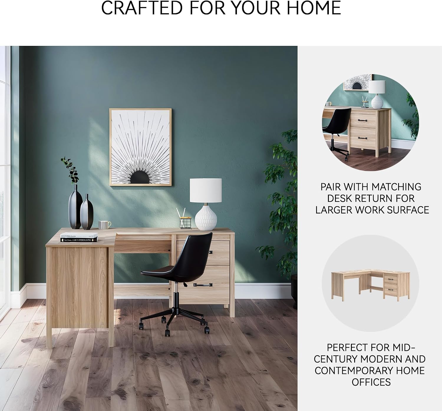 Signature Design by Ashley Battelle Scandinavian 60" Home Office Desk with Return, Drawer and Cabinet, Light Brown