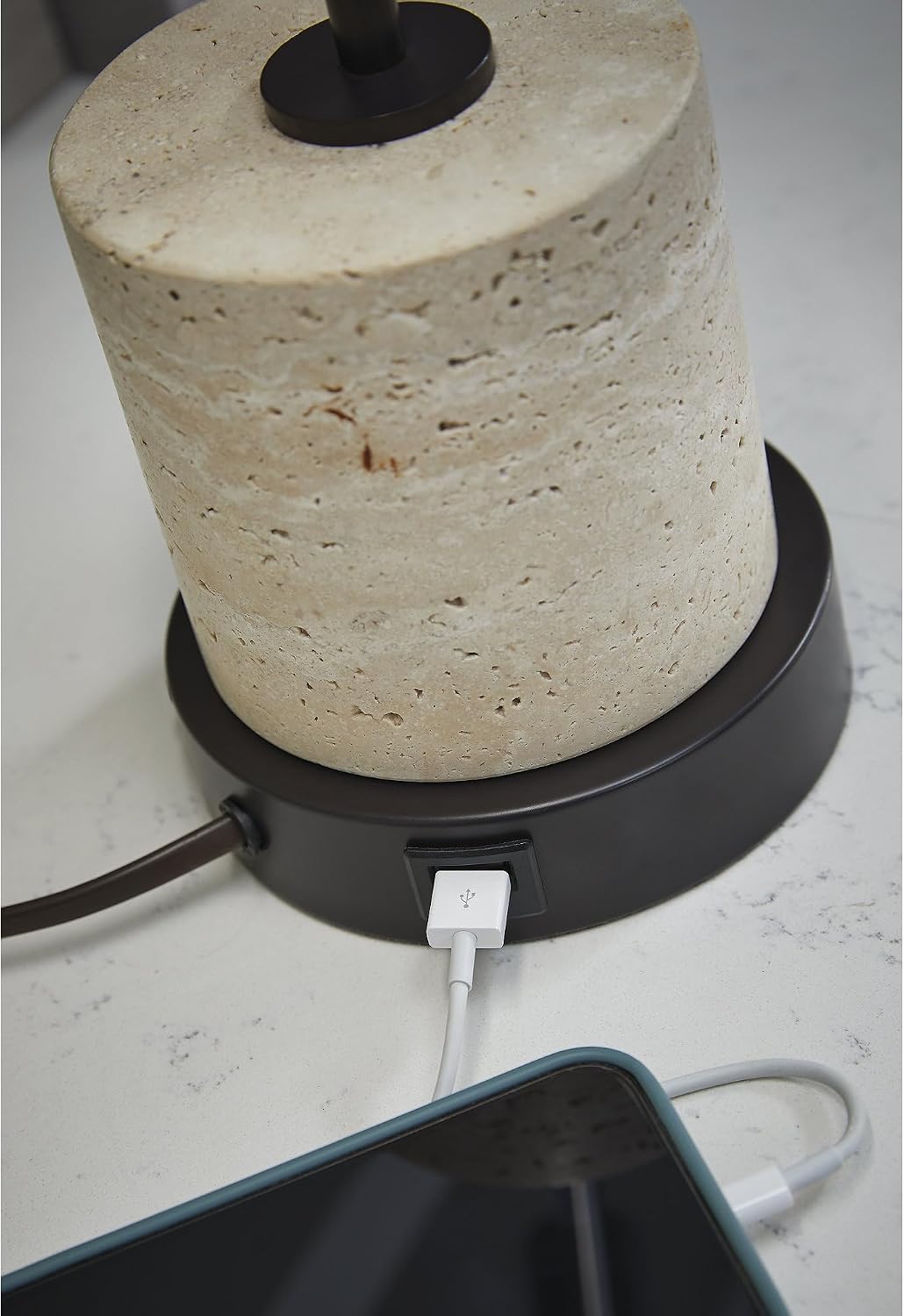 Signature Design by Ashley Vinmour Desk Lamp with USB-C Port, Adjustable Height Metal Task Light, Beige Travertine Stone Base, Contemporary Lighting for Home Office Workspaces, Brown/Beige
