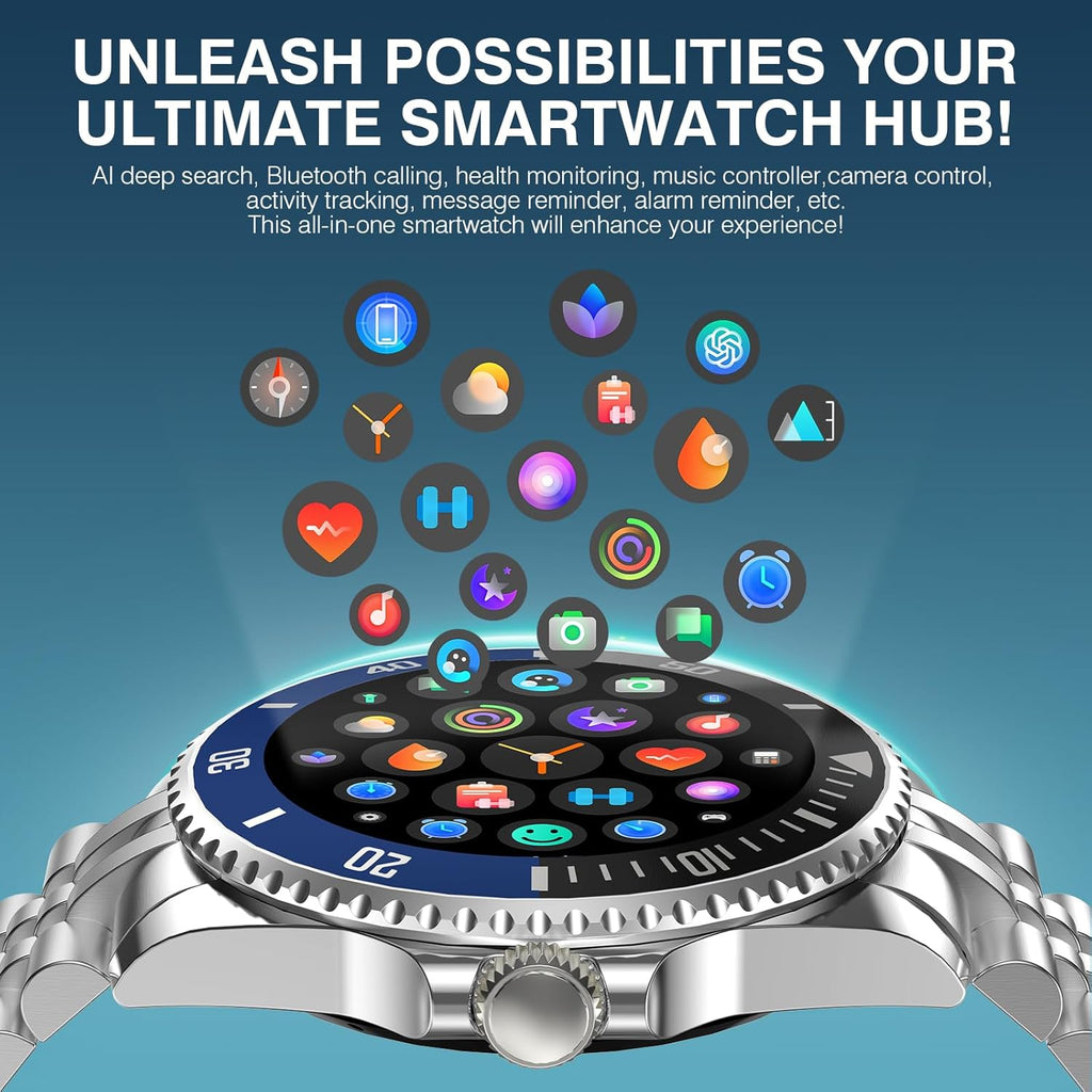 GPT Smart Watch for Men, 24/7 Heart Rate, Blood Pressure, Blood Oxygen, Sleep Monitor, 107 Sports Modes, 1.19-inch AMOLED Display, Waterproof Round Watch, Compatible Android and iOS, 44mm Silver Blue