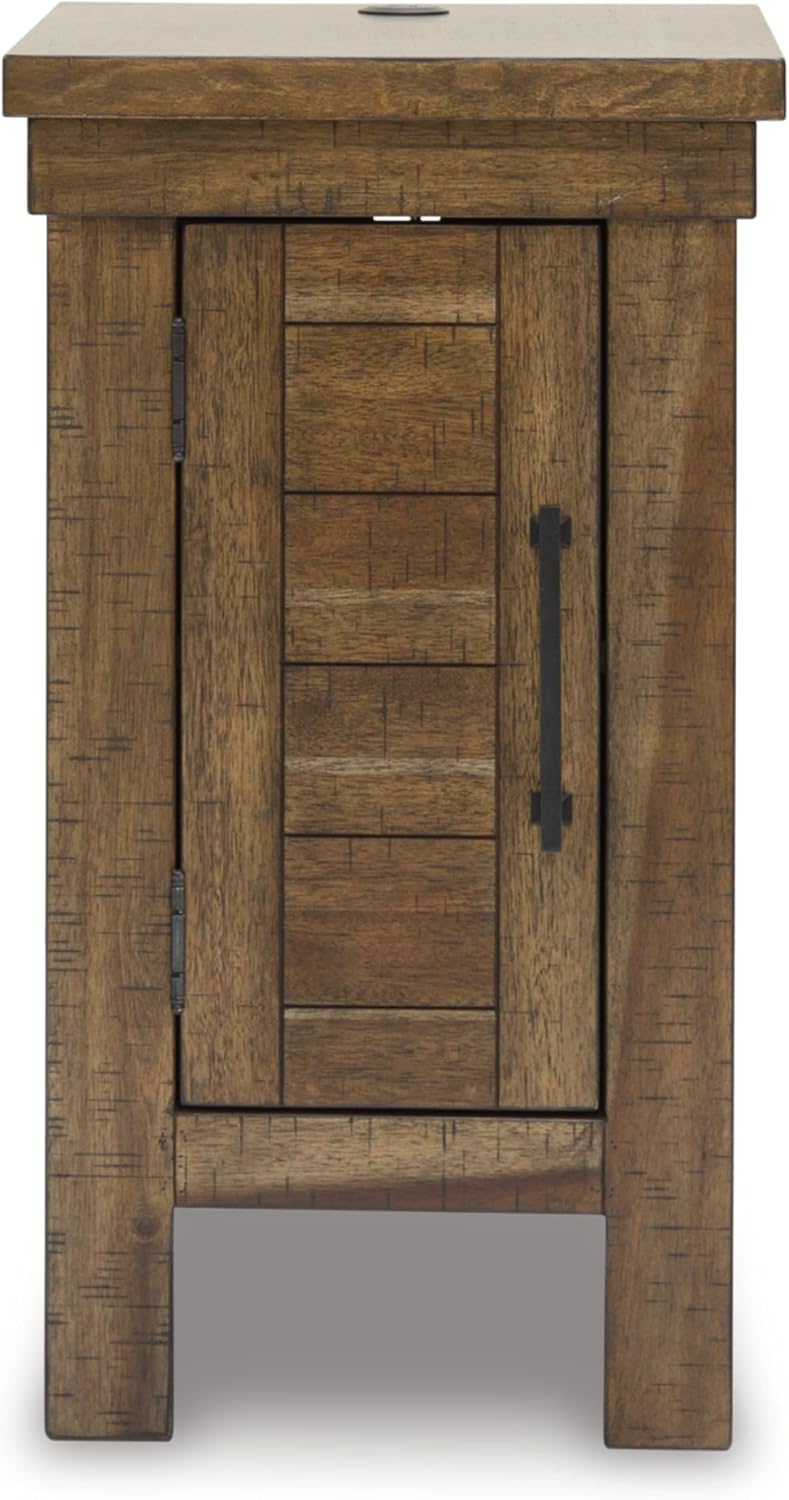 Signature Design by Ashley Moriville Rustic Farmhouse End Table with 1 Cabinet Door and USB Ports, Brown
