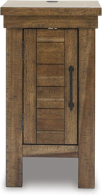 Signature Design by Ashley Moriville Rustic Farmhouse End Table with 1 Cabinet Door and USB Ports, Brown