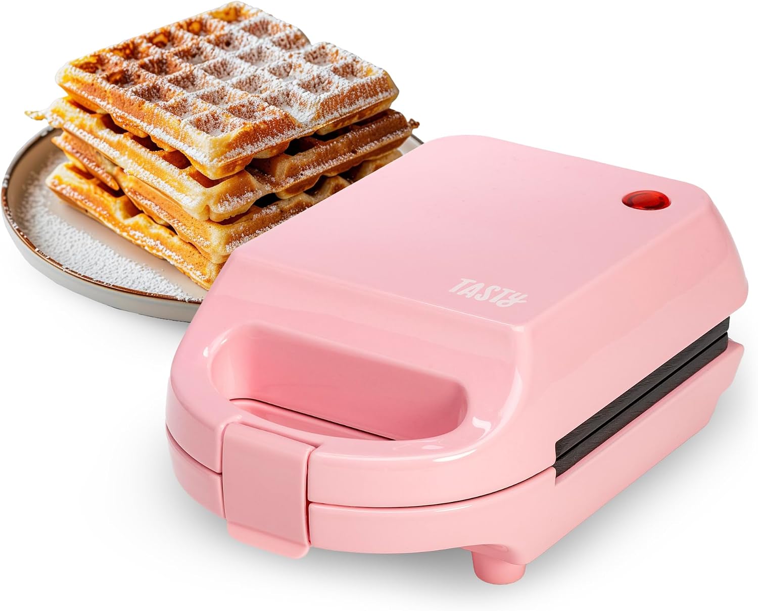 Tasty Mini Nonstick Waffle Maker, Perfect for Individual Waffles, Hash Browns, Brownies and more, Quick Results, Easy Clean Up, 600W, Pink