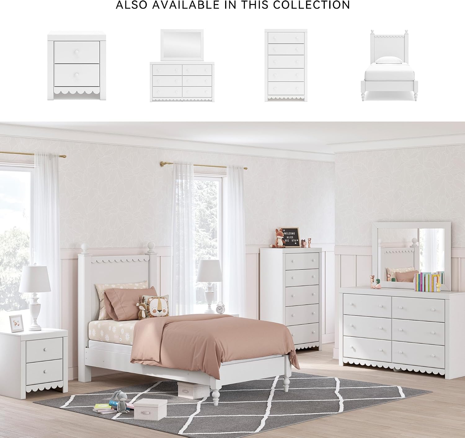 Signature Design by Ashley Mollviney White Coastal Dresser, Tall 5 Drawer Chest, Scalloped Girls Dresser, Engineered Wood and Laminate Bedroom Storage, Matte White, 32" W x 55" H