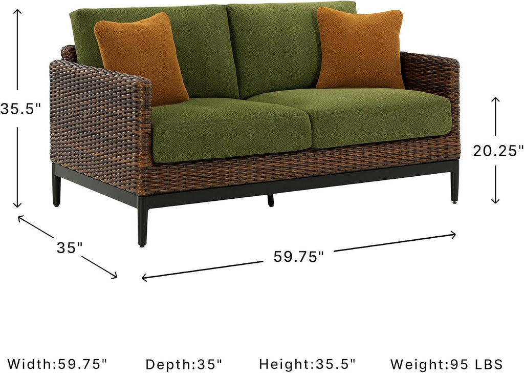 Ashley Horizon Hall Outdoor Loveseat with Cushion, UV-Resistant Nuvella Fabric, Resin Wicker & Aluminum Frame, Ideal for Deck or Lanai Furniture, Brown/Green