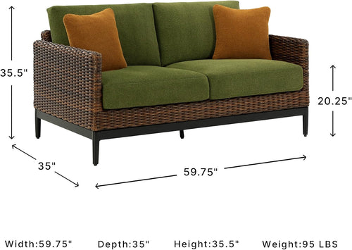 Ashley Horizon Hall Outdoor Loveseat with Cushion, UV-Resistant Nuvella Fabric, Resin Wicker & Aluminum Frame, Ideal for Deck or Lanai Furniture, Brown/Green