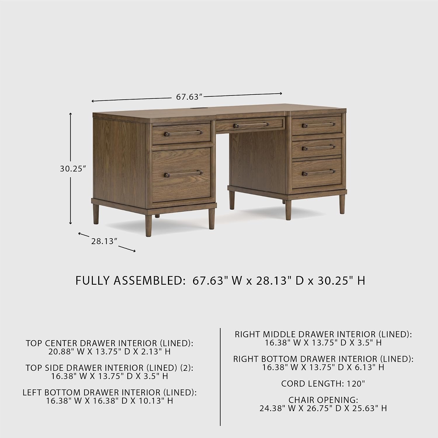 Signature Design by Ashley Roanhowe Contemporary 68" Home Office Desk with 6 Felt-Lined Drawers, USB Charging Ports and Cord Management, Dark Brown
